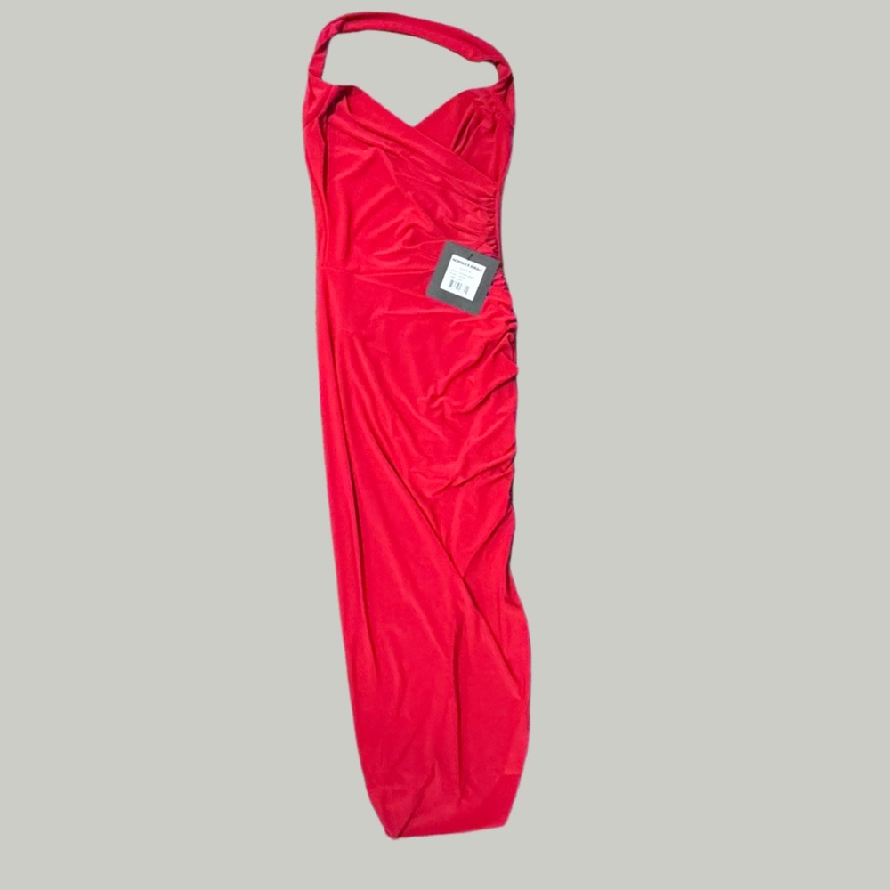 NWT Norma Kamali Red Asymmetrical Bodycon Dress w/ Slit & Ruching - Tiger Red-XS - Picture 6 of 8